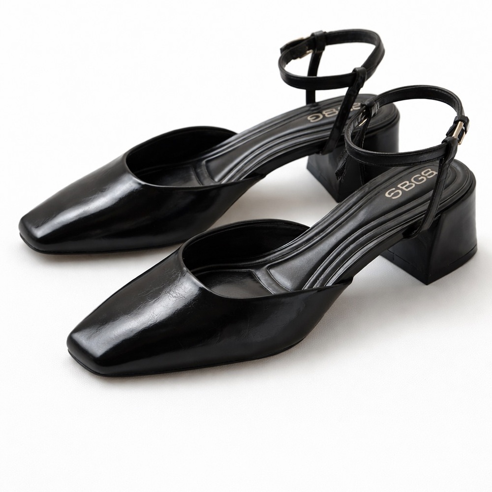 BCBG Black Square-Toe Slingback Block Heels